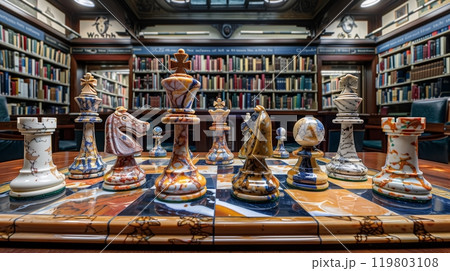A marbled chessboard in a library features pieces of various university mascots, blending intellect and spirit. A marbled chessboard in a library features pieces of various university mascots, blending intellect and spirit. 119803108