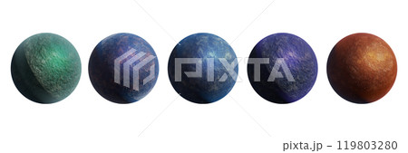 3D planet icon set, alien sci-fi realistic moon space render illustration, red, yellow, blue globe.  119803280