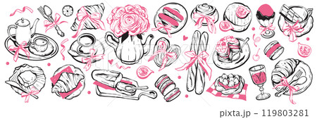 French breakfast doodle set, vector hand drawn Paris lunch coquettish illustration, pink ribbon bow. 119803281