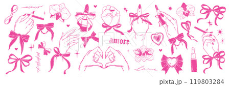 Woman elegant hands, vector doodle line female arm gesture set, pink coquettish ribbon bow, lipstick 119803284