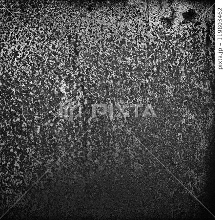 Monochrome backdrop of rusty surface dark gray hues. Black and white grunge rust metal texture. Close-up abstract background of aged old iron, scratch pattern, worn, distress area, corrosion details Monochrome backdrop of rusty surface dark gray hues. Black and white grunge rust metal texture. Close-up abstract background of aged old iron, scratch pattern, worn, distress area, corrosion details 119803462