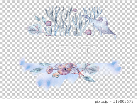 Watercolor frame with creatures, seaweeds monochrome isolated. Stingray in blue corals, fishes and sea plants on watercolor stains painted. Marine border of fantasy flora in pale blue for sea design. 119803575