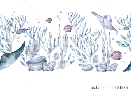 Seabed scene seamless border with ocean creatures, sea plants and stones in pale blue watercolor isolated. Underwater repeated background with pale blue seaweeds, fish and stingray hand drawn. 119803576