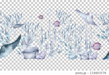 Seabed scene seamless border with ocean creatures, sea plants and stones in pale blue watercolor isolated. Underwater repeated background with pale blue seaweeds, fish and stingray hand drawn. 119803576