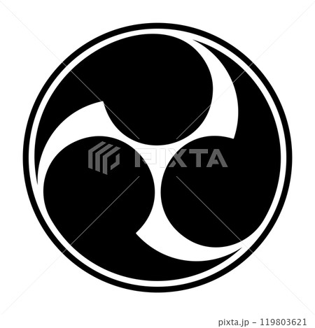 Left threefold Mitsudomoe, Japanese tomoe symbol with border. Swirl of 3 commas or tadpoles, circumscribed in a circle. Widely used for emblems, banners, rituals, festivals and in Shinto shrines. 119803621