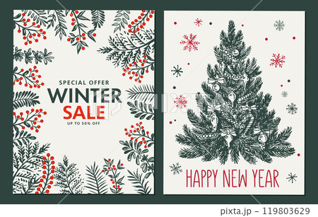 Christmas set in sketch style, winter sale. Hand drawn illustration. Christmas set in sketch style, winter sale. Hand drawn illustration. 119803629