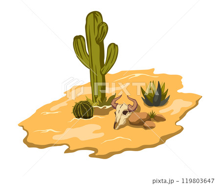 Isometric desert scene with cactuses and bull skull. Western isolated landscape. Cartoon mexican valley. Yellow sand dune Isometric desert scene with cactuses and bull skull. Western isolated landscape. Cartoon mexican valley. Yellow sand dune 119803647