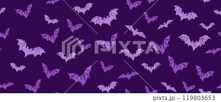 Halloween, bat on purple background hand drawn pattern. Halloween, bat on purple background hand drawn pattern. 119803653