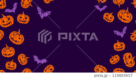 Halloween symbols, pumpkin, bat, pattern, hand drawn illustrations	 119803657