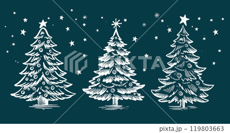 Christmas tree set on green, hand drawn illustration Christmas tree set on green, hand drawn illustration 119803663