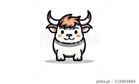 A cartoon cow with horns and a smile on its face. 119803664