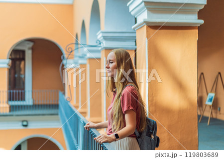 Female tourist in the Biblioteca Palafoxiana, Palafoxiana Library, Puebla, Mexico. Cultural exploration, history, and travel experience concept 119803689