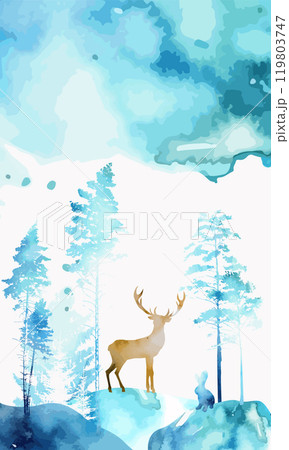Watercolor background. Deer in the winter forest. hand drawing. Not AI, Vector illustration 119803747