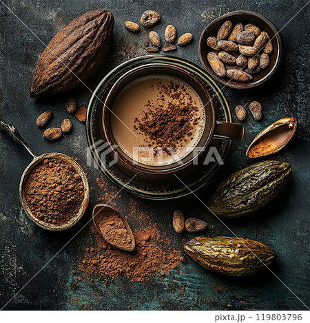 cocoa powder , brown cocoa bean, and ripe cacao pods 119803796