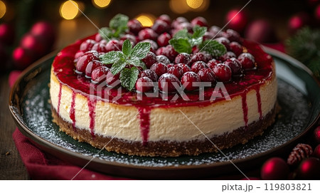berry cheesecake topped with a swirl of raspberry sauce, cranberries, and mint leaves 119803821