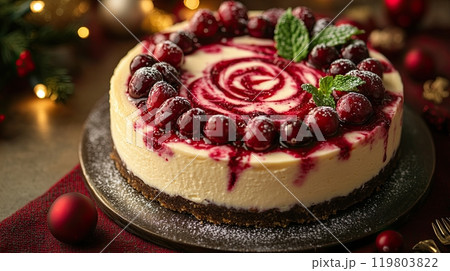 berry cheesecake topped with a swirl of raspberry sauce, cranberries, and mint leaves 119803822