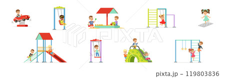 Funny Kids Playing at Playground and Have Fun Vector Set 119803836