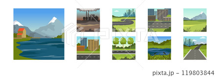 Natural Summer Landscape View and Scene of Field and City Vector Set 119803844