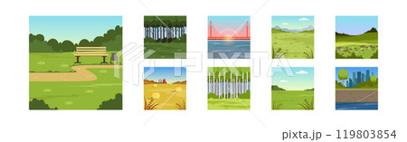 Natural Summer Landscape View and Scene of Field and City Vector Set Natural Summer Landscape View and Scene of Field and City Vector Set 119803854