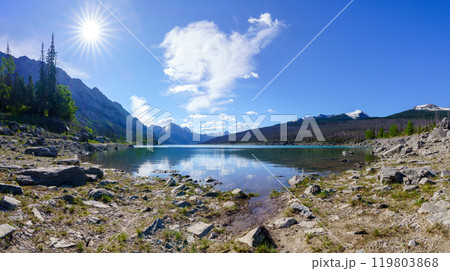 Beautiful natural scenery in Jasper National Park. Medicine Lake in June summer sunny day. Alberta, Canada. Canadian Rockies. 119803868