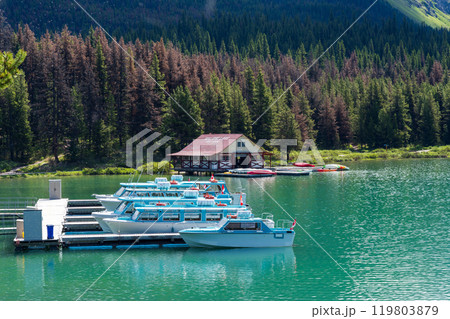 Maligne Lake Cruise boat pier. Maligne Lake summer scenery reflected on the water. Jasper National Park, Alberta, Canada. Canadian Rockies. 119803879