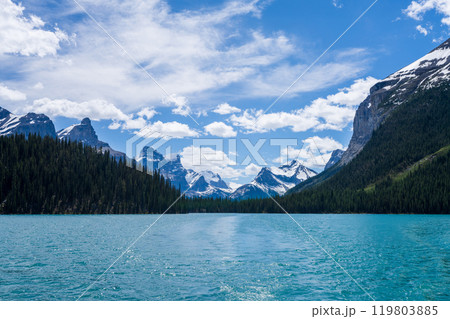 Maligne Lake summer scenery in Jasper National Park, Alberta, Canada. Canadian Rockies snow capped mountain range. Maligne Lake summer scenery in Jasper National Park, Alberta, Canada. Canadian Rockies snow capped mountain range. 119803885