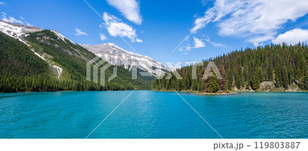 Maligne Lake summer scenery in Jasper National Park, Alberta, Canada. Canadian Rockies snow capped mountain range panoramic view. 119803887