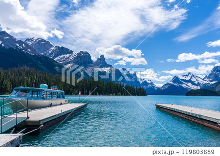 Maligne Lake Cruise boat pier at spirit island. Maligne Lake summer scenery reflected on the water. Jasper National Park, Alberta, Canada. Canadian Rockies. Maligne Lake Cruise boat pier at spirit island. Maligne Lake summer scenery reflected on the water. Jasper National Park, Alberta, Canada. Canadian Rockies. 119803889