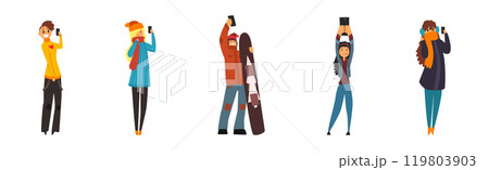 People Character Take Selfie Photo with Their Smartphone Camera Vector Set 119803903