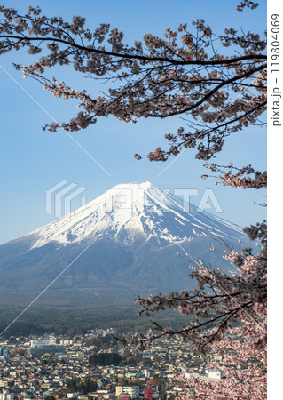 新倉山公園から望む富士山と満開のソメイヨシノ 山梨県富士吉田市 新倉山公園から望む富士山と満開のソメイヨシノ 山梨県富士吉田市 119804069