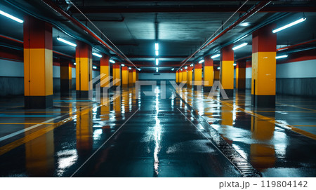 Spacious Modern Underground Car Parking Area With Concrete Structure, Bright Lighting. Generative AI 119804142