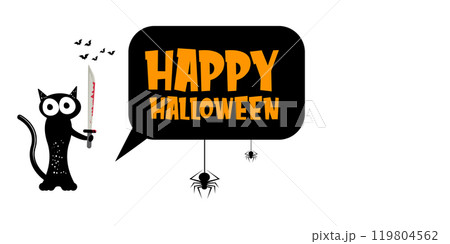 Happy halloween greeting card or banner with Black cat holding bloody knife isolated on white background. Funny Halloween black cat holding a bloody knife . PNG Halloween vector design template Happy halloween greeting card or banner with Black cat holding bloody knife isolated on white background. Funny Halloween black cat holding a bloody knife . PNG Halloween vector design template 119804562