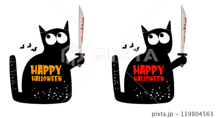 Happy halloween greeting card or banner with Black cat holding bloody knife isolated on white background. Funny Halloween black cat holding a bloody knife . PNG Halloween vector design template Happy halloween greeting card or banner with Black cat holding bloody knife isolated on white background. Funny Halloween black cat holding a bloody knife . PNG Halloween vector design template 119804563