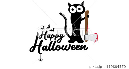 Happy halloween greeting card or banner with Black cat holding bloody knife isolated on white background. Funny Halloween black cat holding a bloody knife . PNG Halloween vector design template 119804570