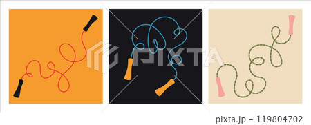 Jump rope for games, jumping and cardio training set. Cord, twisted into a heart shape. Beaded and rubber Skipping rope. Trendy modern vector illustration, hand drawn, flat design Jump rope for games, jumping and cardio training set. Cord, twisted into a heart shape. Beaded and rubber Skipping rope. Trendy modern vector illustration, hand drawn, flat design 119804702