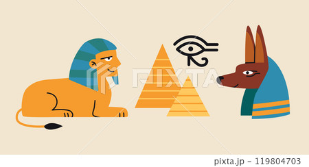 Symbols of Ancient Egypt, Historical Heritage and Tourist Attractions. Lovely Sphinx, Pyramids, Anubis and Eye of Ra. Trendy modern vector illustration, hand drawn, flat design 119804703