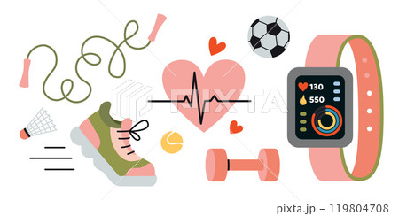 Sports equipment set. Cardio, running and strength training. Jump rope, sneakers, fitness tracker, dumbbell, football, tennis balls and shuttlecock. Trendy modern isolated vector illustration, flat 119804708