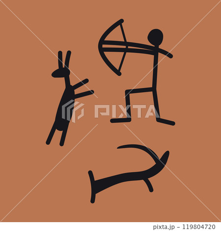 Primitive rock paintings, Man with a bow hunting animals. History of ancient times. Vector illustration, hand drawn, flat design Primitive rock paintings, Man with a bow hunting animals. History of ancient times. Vector illustration, hand drawn, flat design 119804720