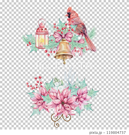 Watercolor arrangements - Christmas bird red cardinal, with brunch, red berries and bow, isolated. Red poinsettia flowers bouquet with holly green leaves. Border Symbol of Christmas. Winter holiday Watercolor arrangements - Christmas bird red cardinal, with brunch, red berries and bow, isolated. Red poinsettia flowers bouquet with holly green leaves. Border Symbol of Christmas. Winter holiday 119804737