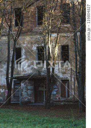 The back entrance to an abandoned building. The entrance is boarded up The back entrance to an abandoned building. The entrance is boarded up 119804827