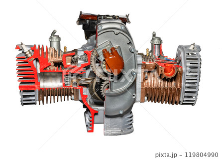 The internal combustion engine of a modern car on a stand in the cut. Isolated on white background. 119804990