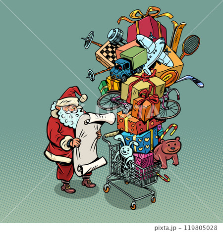 Gifts for New Year and Christmas. Sale of products in winter season. Santa Claus looks at the list of gifts. 119805028