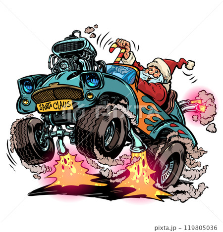 Delivery of New Year Christmas gifts by car. Santa Claus drives a cool car. Car service in winter, repair and change of tires. 119805036