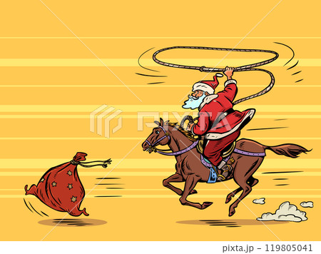 Last days of discounts on goods for New Year and Christmas. Buy gifts on marketplaces. Santa Claus tries to catch the running gift. Last days of discounts on goods for New Year and Christmas. Buy gifts on marketplaces. Santa Claus tries to catch the running gift. 119805041