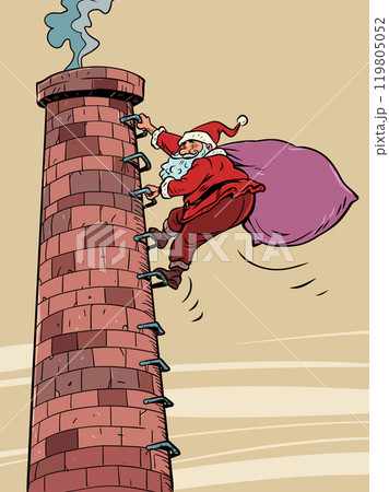 Santa Claus climbs up the chimney. The coming holiday is New Year. The symbol of winter brings gifts. Santa Claus climbs up the chimney. The coming holiday is New Year. The symbol of winter brings gifts. 119805052