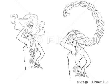 Two drawings of a scorpio horoscope girl. Vector linear illustration. For printing postcards, coloring books, postcards. For printing on clothes, dishes, tattoos. A mystical symbol in astrology. 119805108