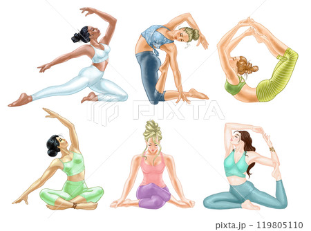 Girls doing yoga. Set of illustrations of young women of different nationalities in yoga asanas. For sports clubs, yoga products, websites. Printing on dishes, bags, T-shirts, stickers, postcards, etc 119805110