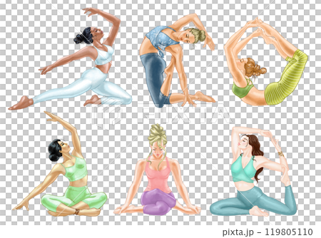 Girls doing yoga. Set of illustrations of young women of different nationalities in yoga asanas. For sports clubs, yoga products, websites. Printing on dishes, bags, T-shirts, stickers, postcards, etc 119805110