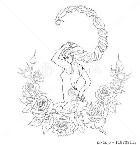 The girl of the scorpio horoscope. A linear drawing of a girl with rose flowers. For printing postcards, coloring books, cards. For printing on clothes, dishes, tattoos. A mystical symbol in astrology The girl of the scorpio horoscope. A linear drawing of a girl with rose flowers. For printing postcards, coloring books, cards. For printing on clothes, dishes, tattoos. A mystical symbol in astrology 119805115