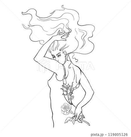 The girl according to the scorpio horoscope. Vector linear drawing of a girl. For printing postcards, coloring books, postcards. For printing on clothes, dishes, tattoos. Mystical symbol in astrology. 119805126